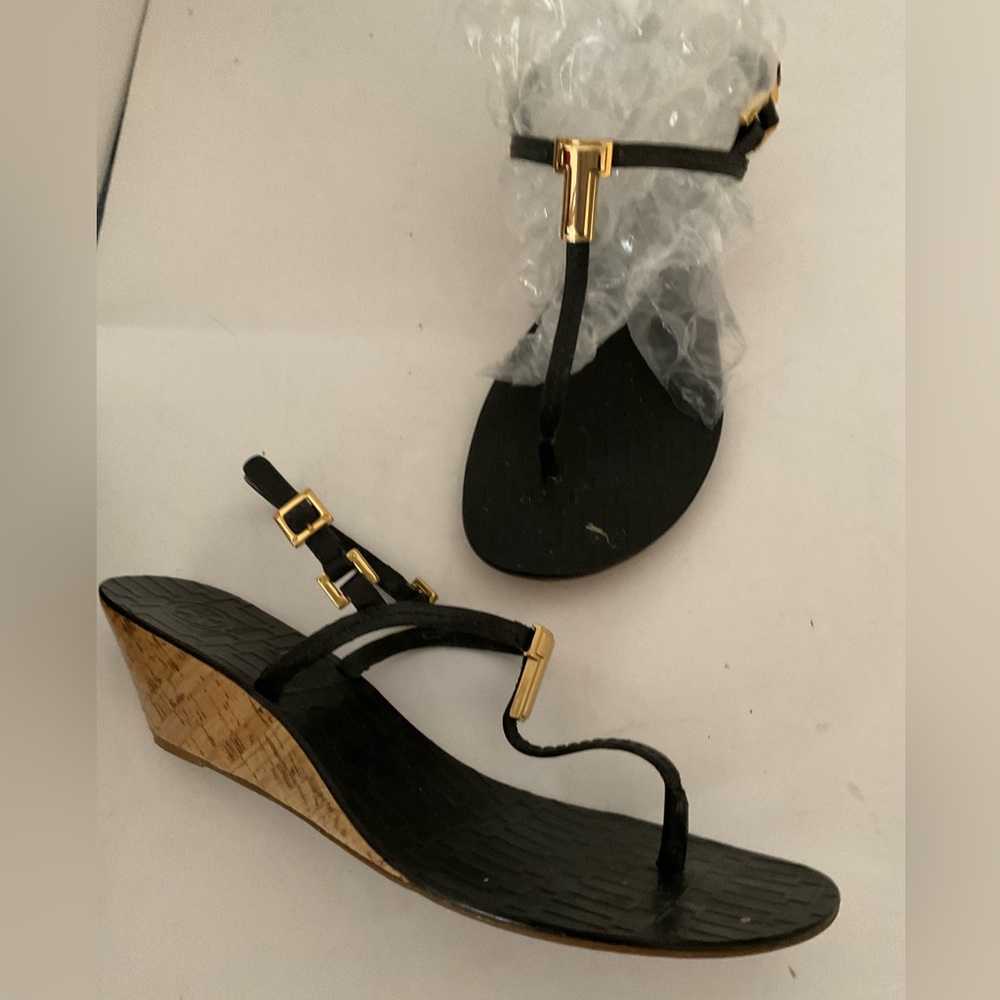 Tory Burch black/cork wedge sandals 10